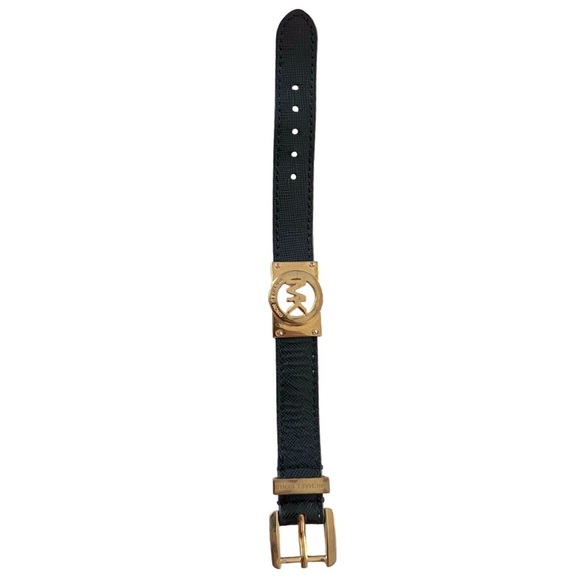 MICHAEL KORS • Black Leather Gold Logo Adjustable Bracelet - Picture 5 of 12